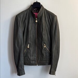 Betsey Johnson Olive / Army Green Leather Jacket with Laser-cut Details